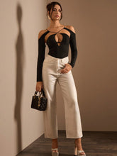 Glamine Women's Solid Color Hollow Out Long Sleeve Bodysuit, Casual For Everyday Wear